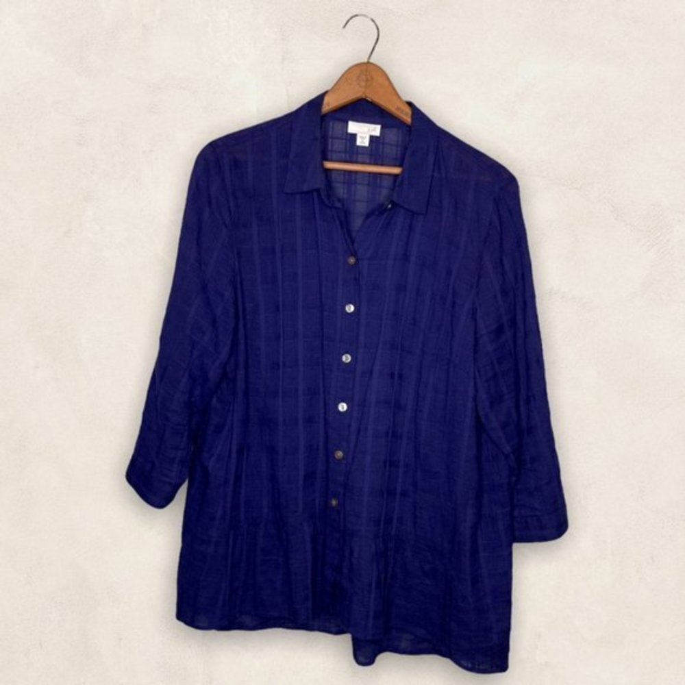 J. Jill Petites Medium PM Blue Subtle Grid Check Cotton Ruffle Hem Shirt Top